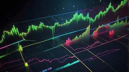 A green 3Dl trading chart moving upward with financial market data on a blurred background, forex stock trading cryptocurrency 
