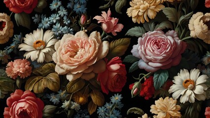 Vintage Baroque Floral Bouquet on Black Background