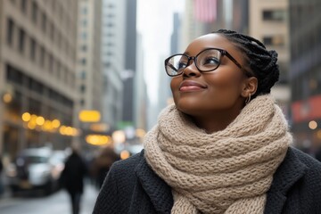 Obraz premium A woman stands amidst an urban setting, warmly wrapped in a scarf and wearing glasses, as she gazes upward, possibly contemplating the bustling city life around her.