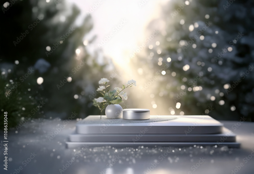 Poster Soft sunlight illuminates a serene scene: a silver podium sits on a white table beside a delicate white flower arrangement in a minimalist vase.  The background is a blurred bokeh of green and gold.