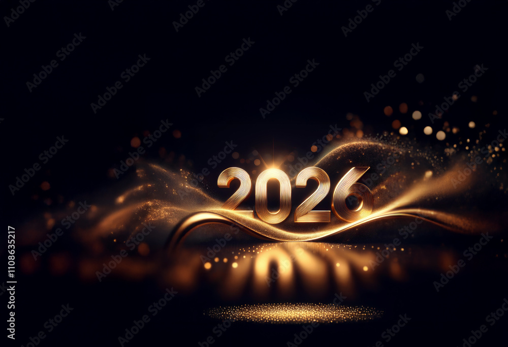Aufkleber elegant gold 2026 numerals rest on a shimmering, dark background. sparkling particles and flowing go