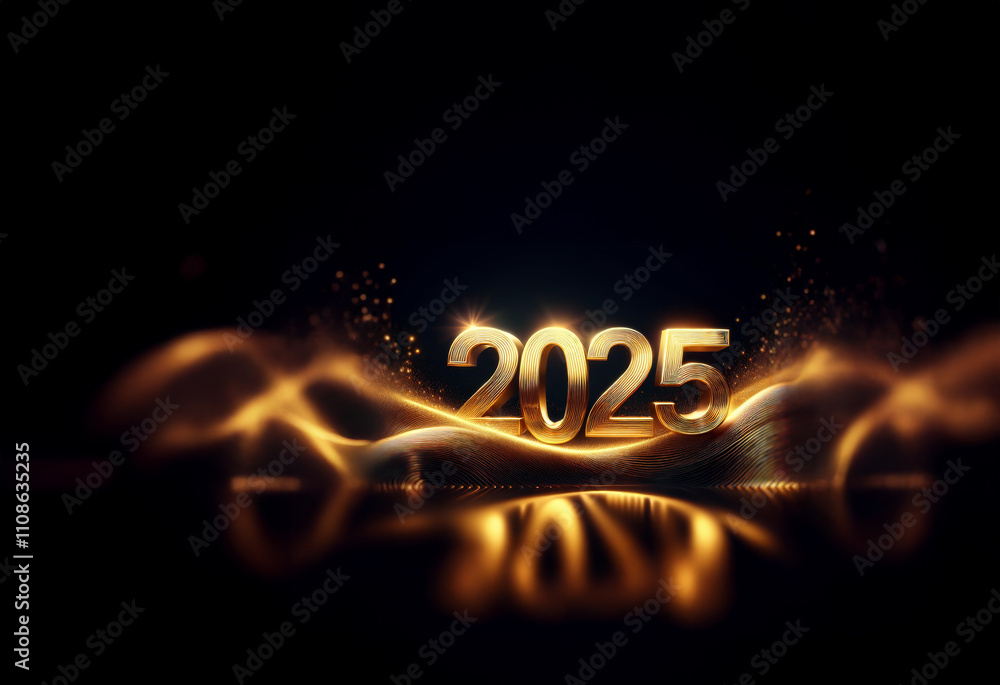 Poster golden 2025 digits shimmer on a dark, wave-like surface. sparkling lights and reflections enhance th