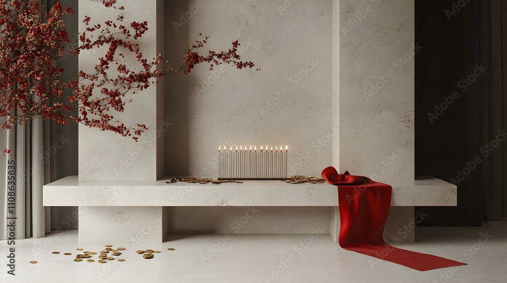 Poster a simple, elegant menorah displayed on a clean, white table with festive ribbons and coins.