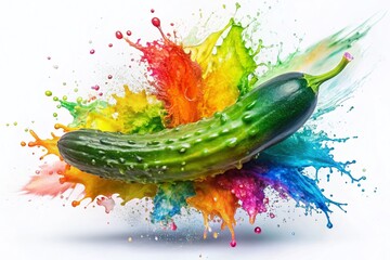 Colorful Splash Cucumber, Vintage Photography, White Background