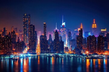 Obraz premium Nighttime city skyline with vibrant lights reflecting on water.