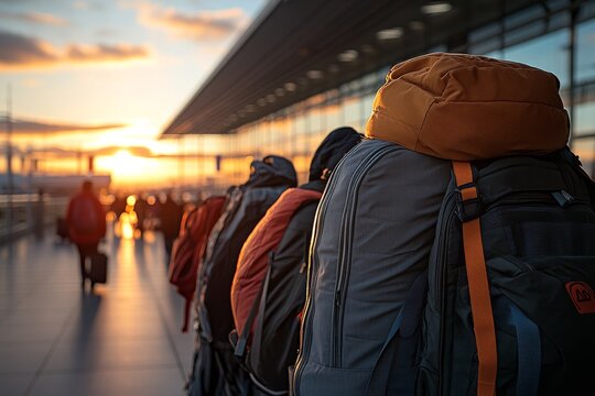 Several backpacks are lined up at the airport terminal during sunset. The scene captures the anticipation of travel and the serene beauty of the setting sun.