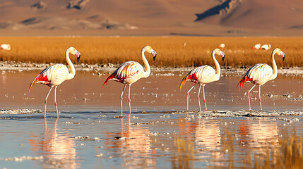 Flamingos Walking Gracefully Altiplano Salt Flats Nature Photography Tranquil Environment Aerial View Wildlife Beauty