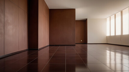 Fototapeta premium Brown empty studio room interior design, brown walls and corner, tiled brown empty floor background