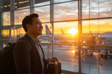 Fototapeta premium A traveler with suitcase stands at an airport terminal, bathed in the warm glow of a stunning sunset pouring through the large glass walls of the building.