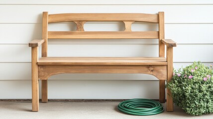 A wooden bench sits against a wall, accompanied by a green hose and a small potted plant, creating a welcoming outdoor space.