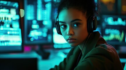 Naklejka premium A focused individual in headphones, surrounded by digital screens displaying data and graphs.