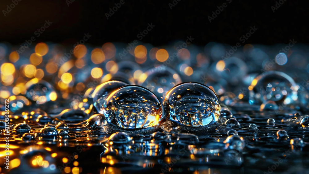 Poster a close-up of water droplets on the surface is shown. the droplets look like transparent spheres ref