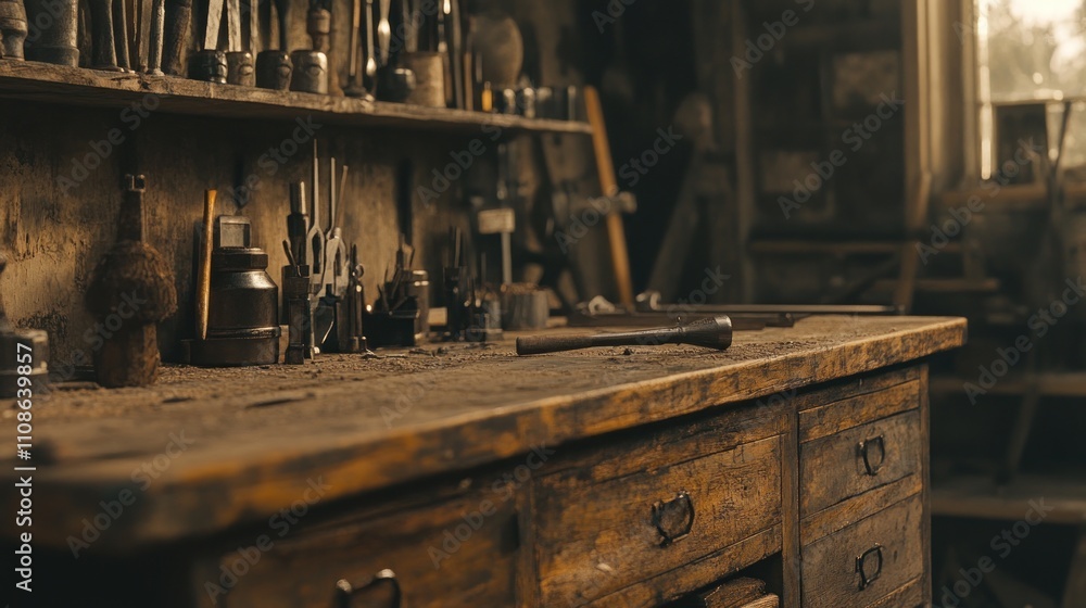 Aufkleber Dusty Old Workbench With Tools And Various Objects