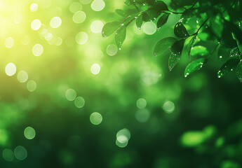 Fototapeta premium A close-up image of vibrant green foliage with soft bokeh. Water droplets and sunlight add a natural and refreshing feel, perfect for background purposes