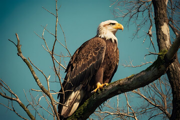 Obraz premium A majestic eagle perched confidently on a sturdy branch at the very top of a towering tree