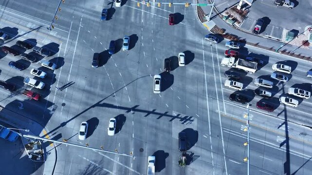 Aerial overhead highway thru traffic Orem Utah. Orem has a wide variety of stores and businesses. Malls, stores, residential neighborhoods, parks and churches.