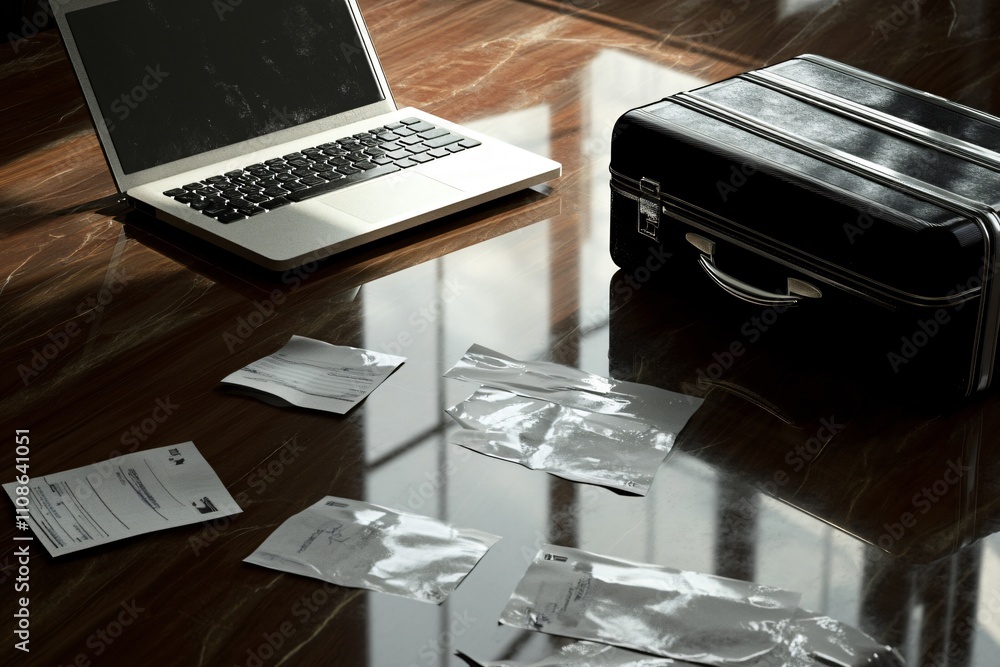 Poster a laptop and a briefcase on a table with several transparent packets arranged nearby.