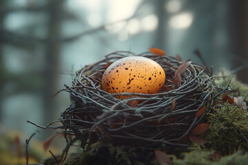 Obraz premium A realistic depiction of a single eagle egg resting in a meticulously crafted nest
