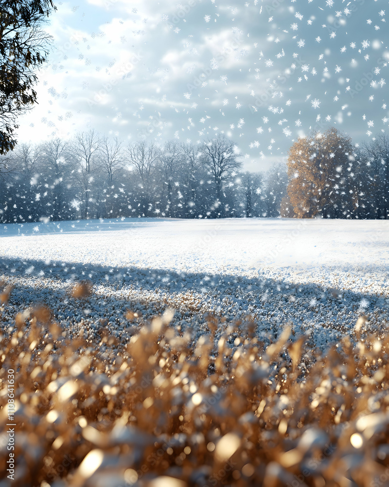 Poster snowy field with trees and falling snow.