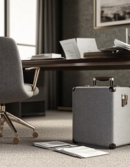 A modern office scene featuring a chair, desk, and a gray briefcase on the floor.