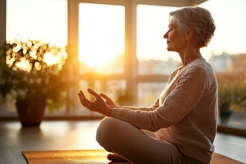 A serene older woman meditates peacefully indoors, basking in the warm glow of the sunlight, embodying calm and mindfulness in a tranquil home environment.