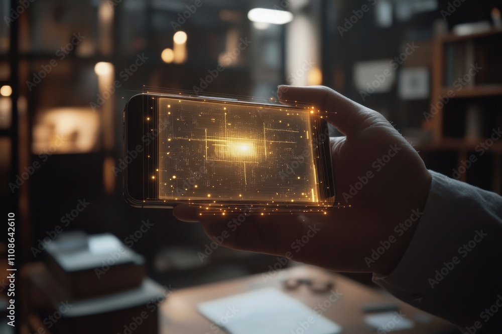Aufkleber illuminating digital innovation a hand holds smartphone displaying futuristic interface glowing part