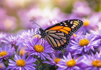 Obraz premium A monarch butterfly rests on purple flowers. Many flowers are in the image