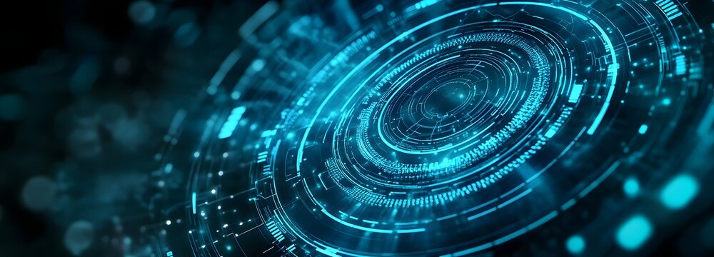 A holographic interface with rotating geometric shapes, glowing in neon blues and greens, set in a dark, abstract environment. - Powered by Adobe