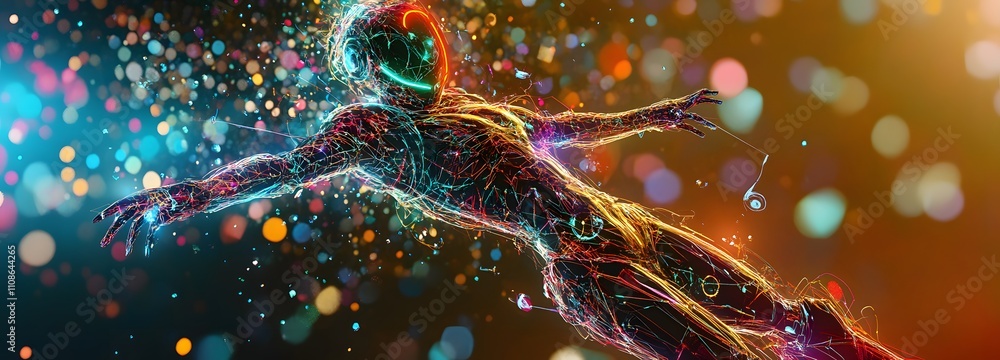 Poster a floating hologram of a futuristic robot, glowing with neon light accents and intricate patterns, s