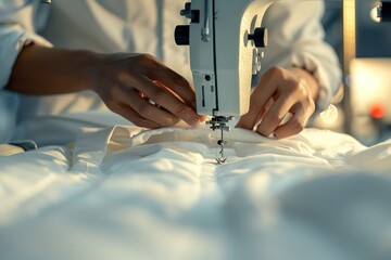 A person is sewing a piece of fabric with a sewing machine