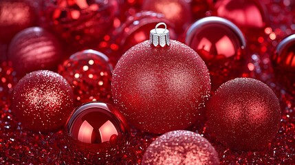 Close-up of Christmas ornaments and lights reflecting on a shiny red bauble