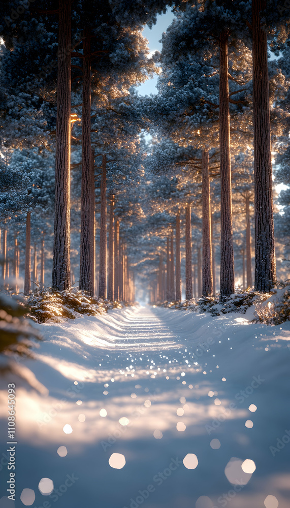 Poster sunlit path through snowy pine forest. (2)