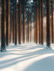 Sunlit path through snowy pine forest. (1)