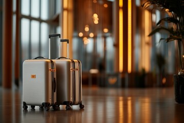 Two stylish silver suitcases stand under soft, ambient lighting in an airport terminal hall, conveying elegance, readiness, and the promise of travel adventures.