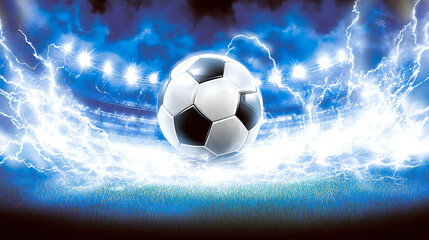 Fototapeta premium Close-Up of a Soccer Ball Surrounded by Lighting Energy in a Surreal Action-Packed Stadium