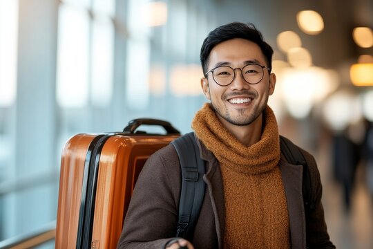 A cheerful man, wearing glasses and a cozy sweater, stands in an airport terminal, smiling while holding an orange suitcase, ready for his flight departure.
