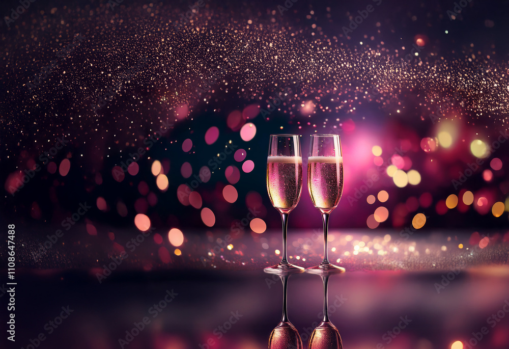 Poster two champagne flutes filled with sparkling rose, condensation clinging to the glass, sit on a shimme