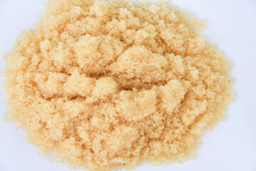 Microbeads of ion-exchange resin (ion-exchange polymer) Wet resin filtration for water purification on white background