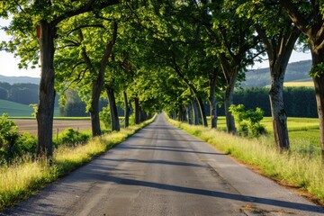 Fototapeta premium Tranquil Country Road with Trees and Fields
