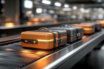 Multiple luminous suitcases glide on a conveyor in a dimly-lit airport, their sleek design and vibrant colors highlighting modern travel's blend of technology and comfort.