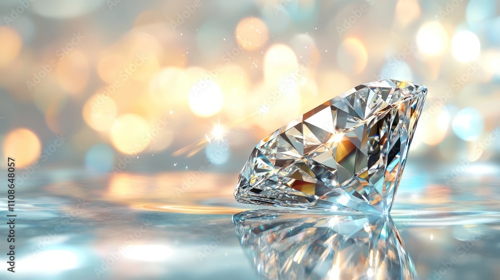 Poster a sparkling diamond rests on shimmering water, reflecting light and creating a mesmerizing bokeh bac