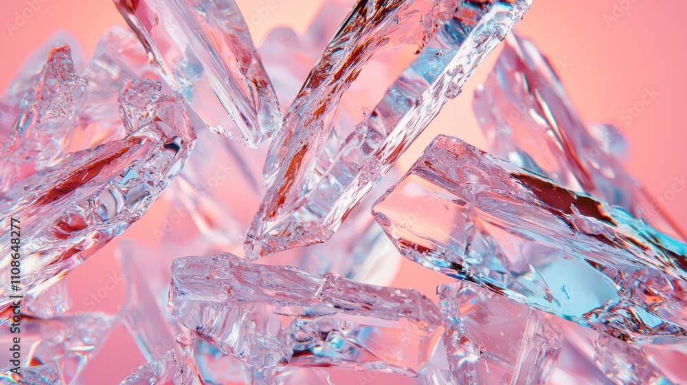 Poster a close-up of shimmering ice crystals, reflecting light against a soft pink background, creating a v