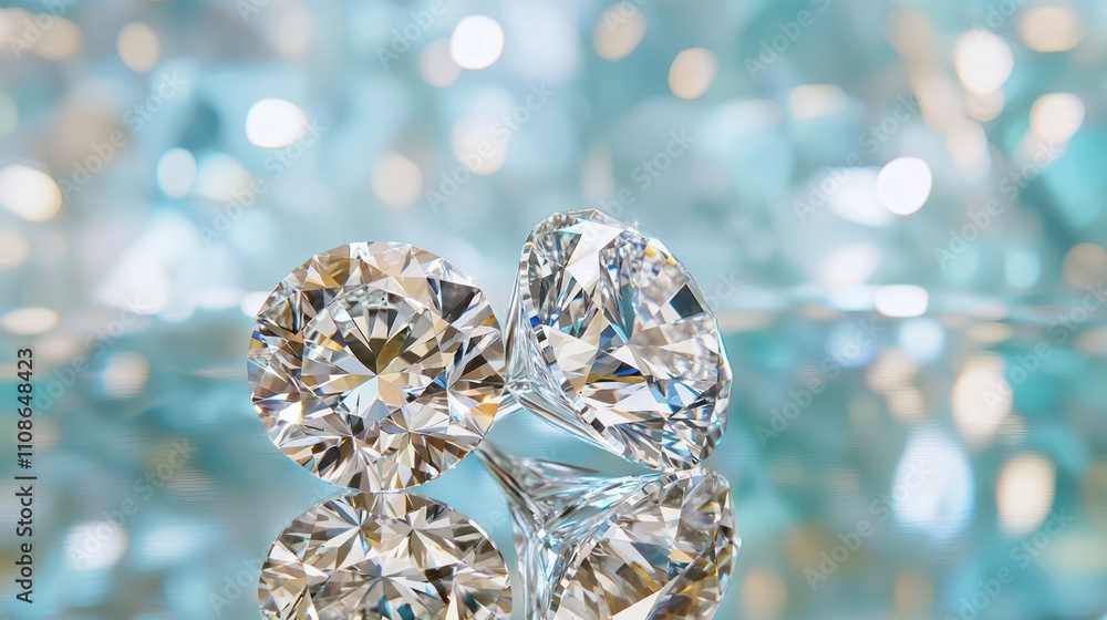 Poster two sparkling diamonds reflect light against a soft blue background, creating a captivating and luxu
