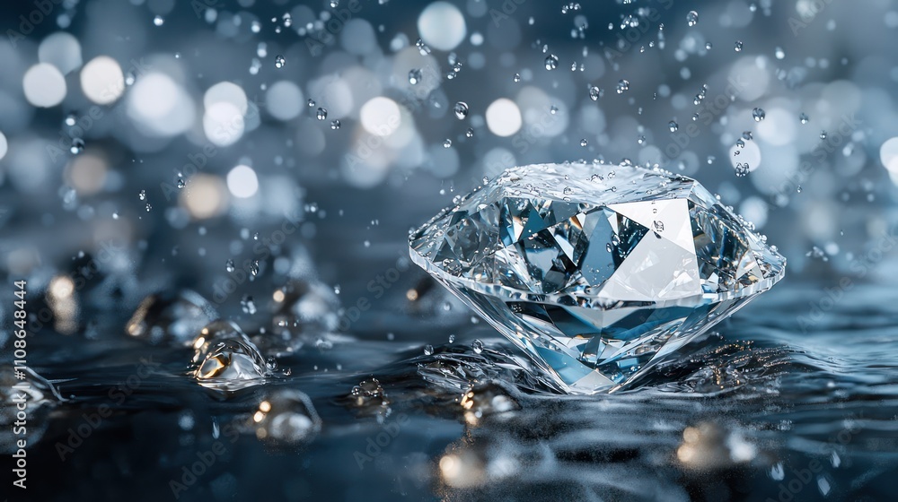 Poster a sparkling diamond splashes in water, surrounded by shimmering droplets, capturing light and creati