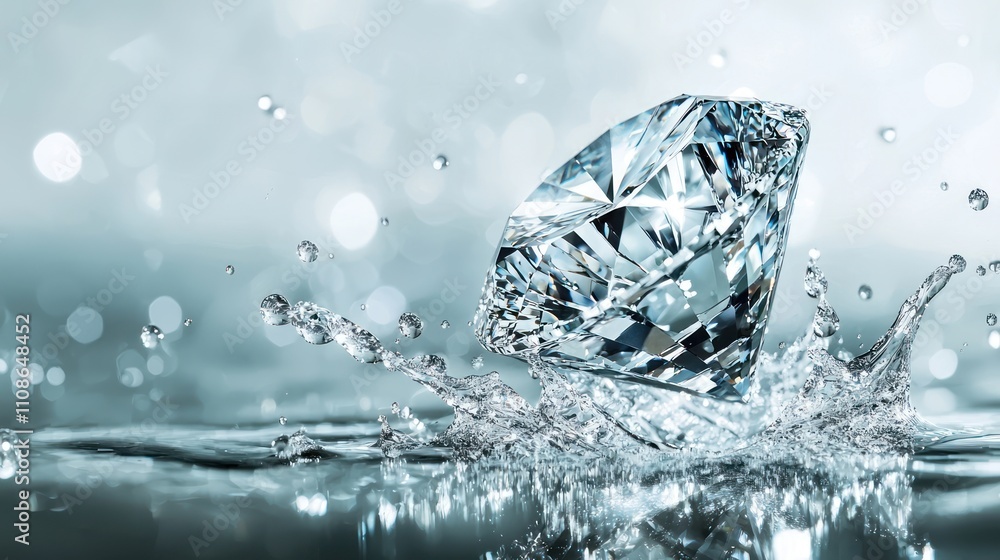 Poster a sparkling diamond splashes into water, creating mesmerizing droplets and reflections, showcasing e