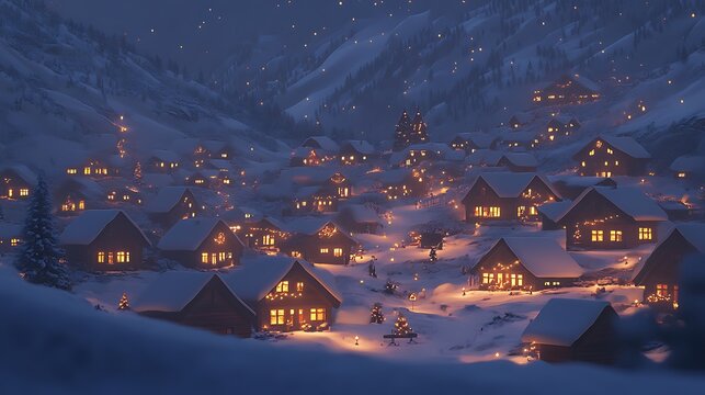 Snow-covered village at dusk with warm lights glowing from windows and Christmas decorations on every house