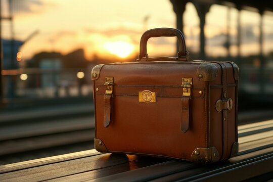 A vintage suitcase sits alone on a bench at a train station, bathed in golden sunset light, conveying a sense of timeless anticipation and nostalgia.