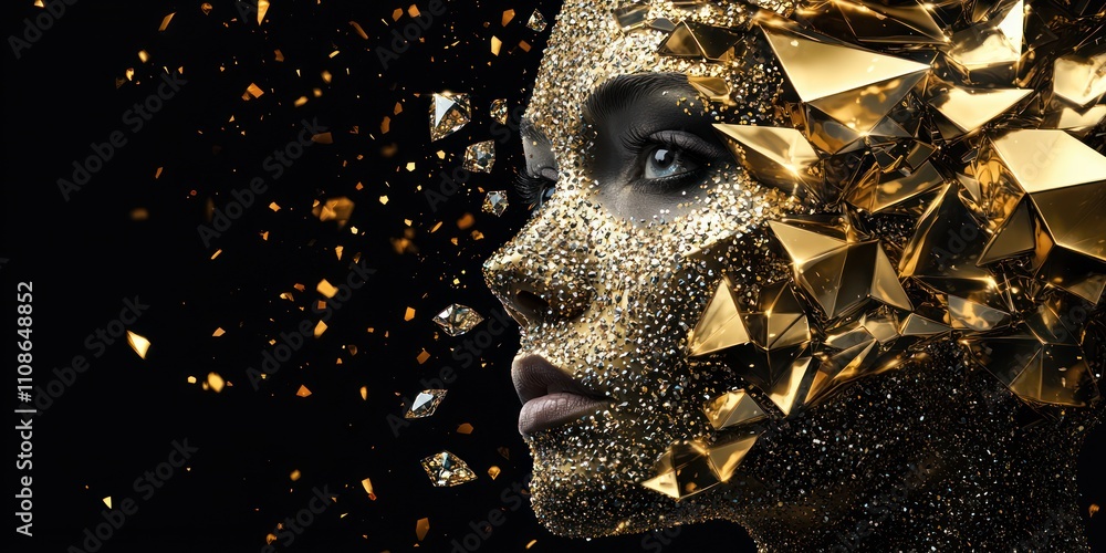 Poster a striking portrait of a face adorned with golden fragments and sparkling glitter, creating an ether