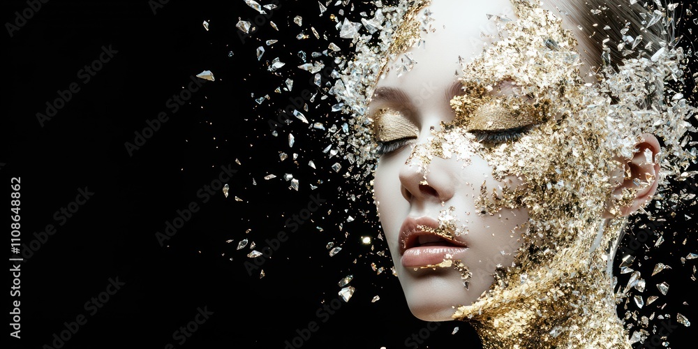 Poster a mesmerizing close-up of a serene face adorned with shimmering gold particles against a dark backdr