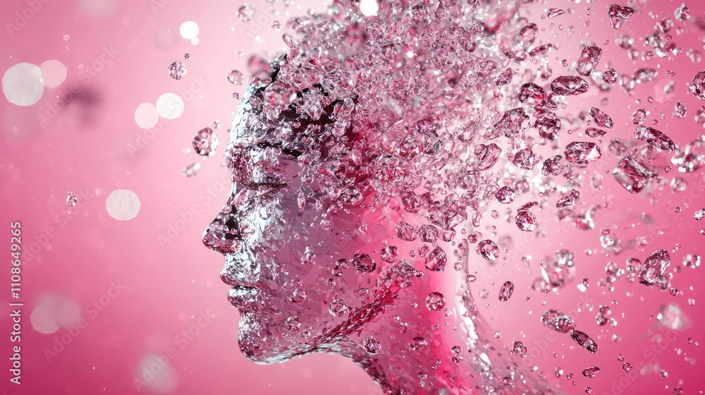 Poster an artistic representation of a face emerging from splashes of water, set against a soft pink backgr
